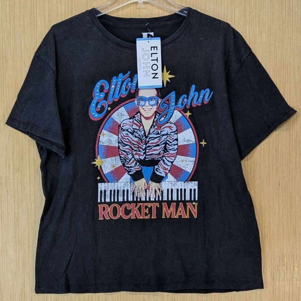 Elton John Rocket Man Graphic T-Shirt Black Cotton Concert Tee Large NEW